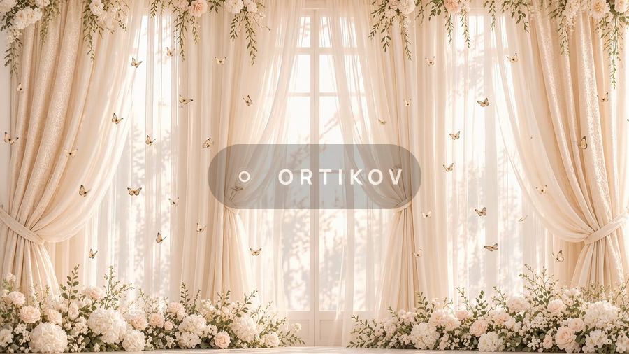 Персиковые шторы и окно